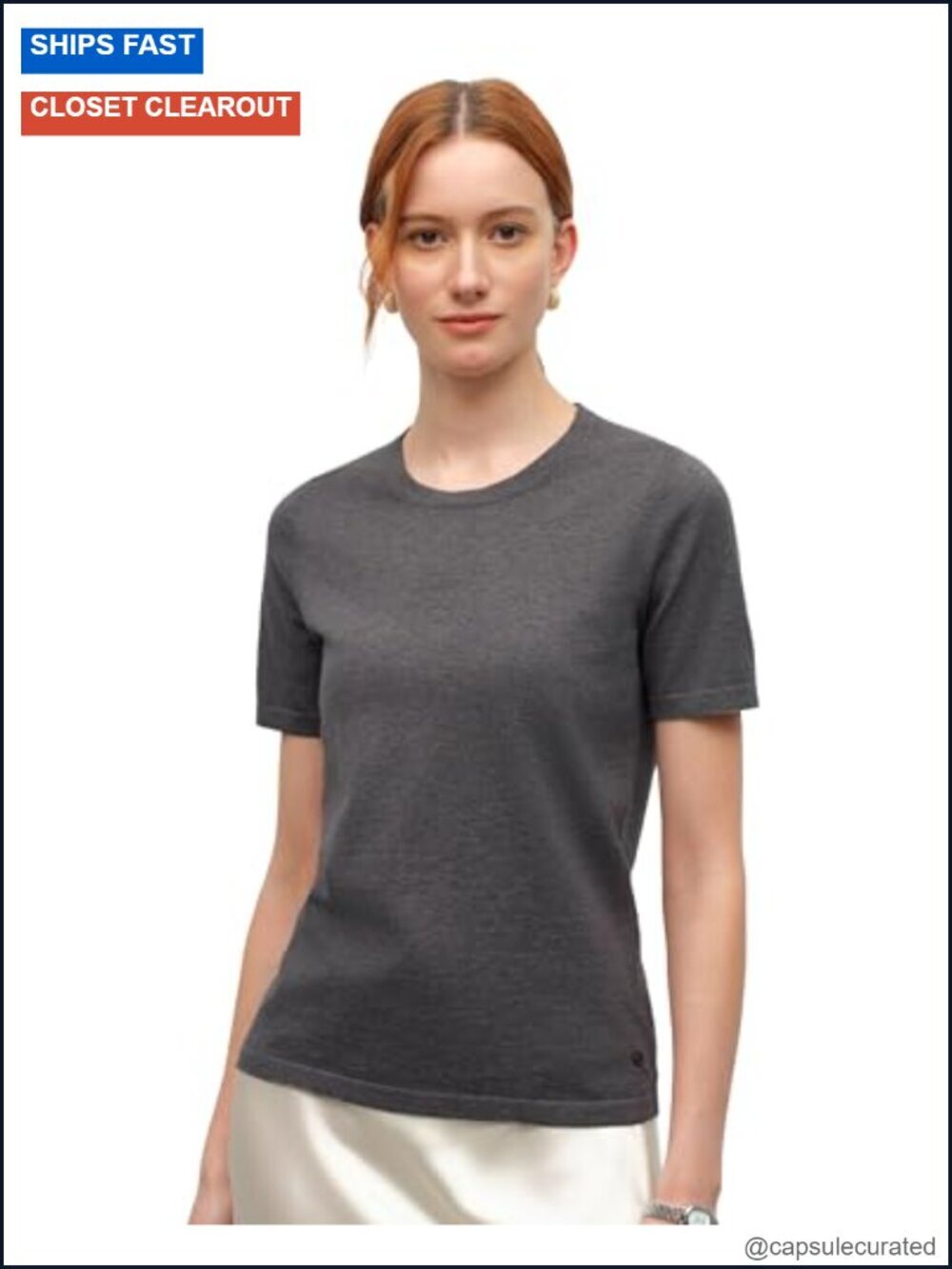 Women's Short Sleeve Pima Cotton Cashmere Crew Neck Knit Top